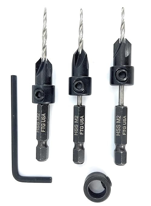 FTG USA Countersink Drill Bit Set for Wood with Tapered Drill Bit 3 Pc #4 (7/64")