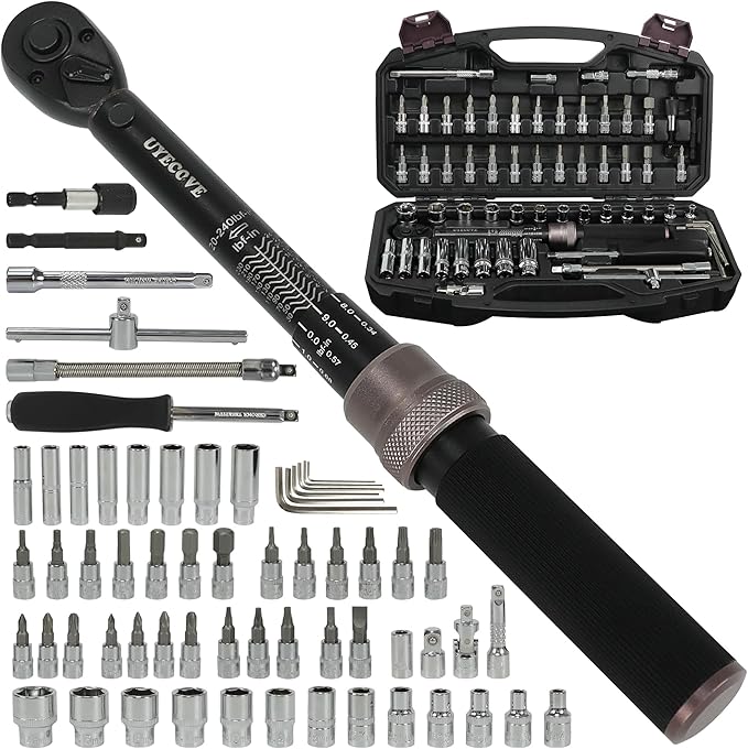 63Pcs 1/4-Inch Drive Click Torque Wrench Set(1-25 N.M/10-222.5IN.LB)，with Bit Socket Set Metric and Extension Bar for Auto Repairing and Household, with Storage Case