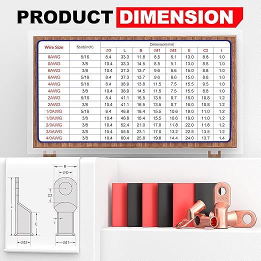 AIRIC UL Listed 1/0 AWG - 3/8" Battery Cable Lugs, Heat Shrink Ring Terminals End, Copper Cable Ends, Wiring Connector Terminal, Electrical Crimp Connectors, Wire Lug for 1/0 Gauge Wires, 4 PCS