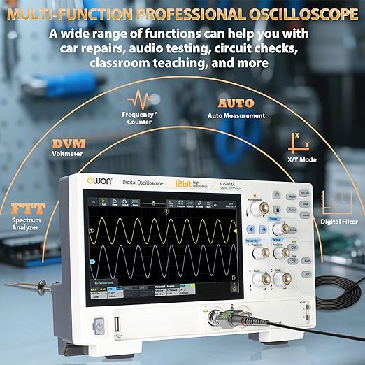 OWON Digital Oscilloscope ADS802A 70 MHz with Dual Channel 12 Bits Vertical Resolution Lab Oscilloscope with 1.25GSa/s Sample Rate 700,000 Wfms/s Waveform Capture Rate with 7 inch Display(70MHz/2CH)