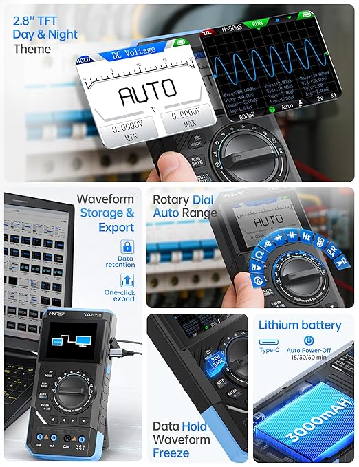 FNIRSI DST-210 Handheld Oscilloscope 10MHz Bandwidth, 19999 Counts, Digital Oscilloscope Multimeter DDS Generator 3IN1, 48MS/s Sampling Rate, AC/DC Voltage Current, Capacitor, Resistor, Diode Test
