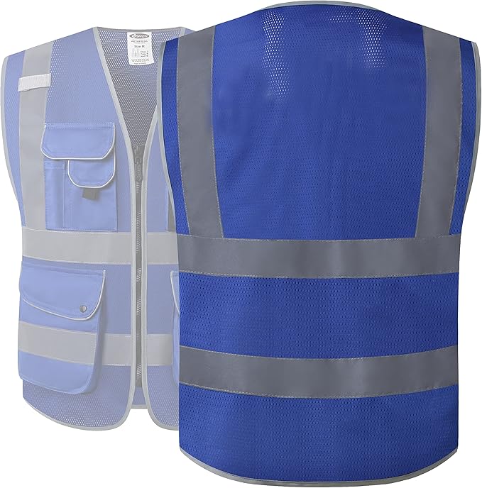 JKSafety 9 Pockets High Visibility Safety Vest for Men and Women, Hi-Vis Reflective Blue Safety Vests with Zipper Front, Meet ANSI/ISEA Standards (159-Blue 3XL)