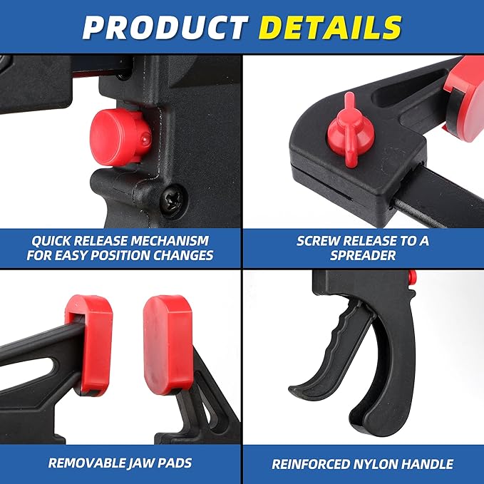 Bar Clamps for Woodworking, One-Handed Clamp/Spreader, 6-Inch Wood Clamps Set, Light-Duty Quick-Change F Clamp with 130 lbs Load Limit, 4-Pack