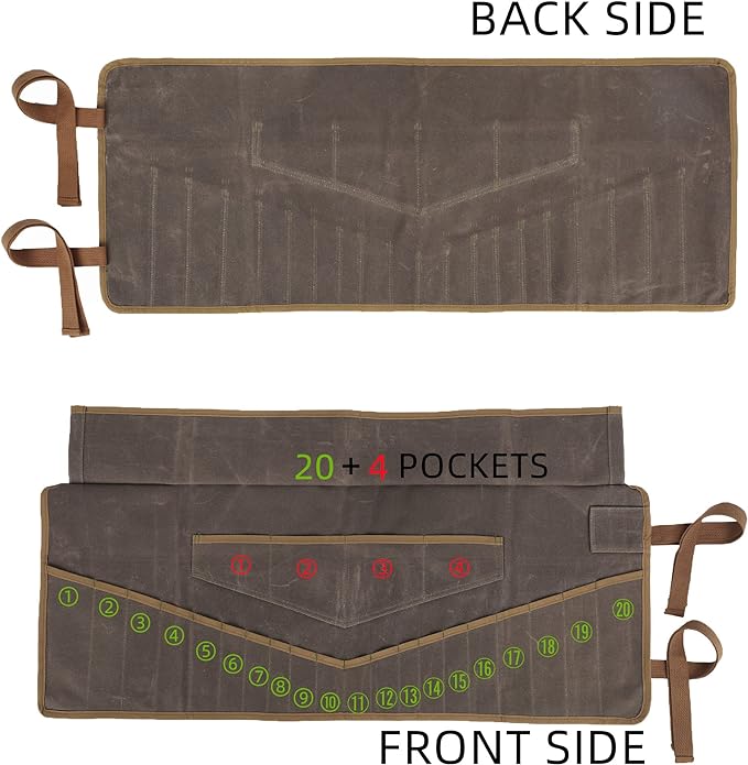 Denifiter Wrench Roll Up Pouch, Heavy Duty Waxed Canvas Tool Bag Tool Organizer Bag With 20+4 Pockets (Brown)