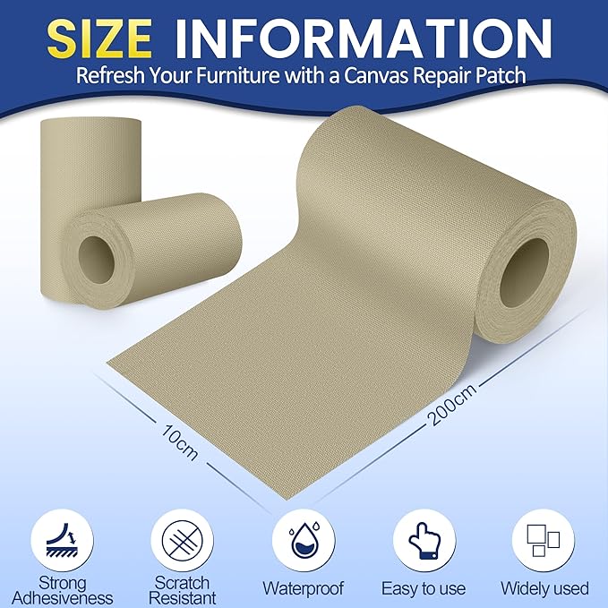 Self-Adhesive Canvas Repair Tape, 4" x 79" Waterproof Canvas Repair Patch, Fabric Patch Repairs Kit for Furniture, Tents, Sunbrellas, Boat Covers Awnings, Couches, Clothes, Bags Khaki