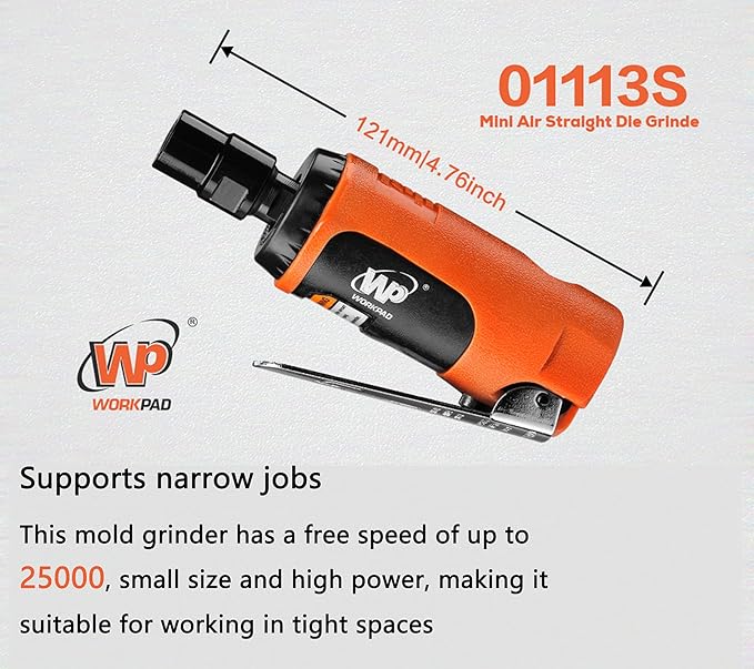 WORKPAD Mini Air Straight Die Grinder with 10-Pieces Air Die Grinder Stone Set，25000 RPM, Mini Pneumatic Tools, Equipped with 1/4-inch, 1/8-inch collets and 2 wrenches