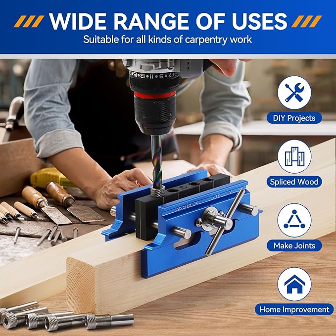 Self Centering Doweling Jig Kit,Adjustable Width Dowel Jig for Straight Holes,Adjustable Drilling Guide Wood Working Tools with 6 Drill Guide Bushings, Wood Doweling for Woodworking（Blue）