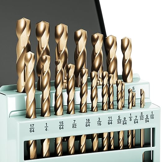 21Pcs Cobalt Drill Bit Set (1/16"-3/8"), M35 HSS, 135 Degree Tip, Twist Jobber Length for Hardened Metal, Stainless Steel, Cast Iron, Wood, and Plastics, with Index Storage Case