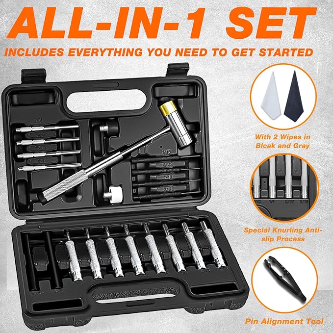 BESTNULE Punch Set, Punch Tools, Roll Pin Punch Set, Made of Solid Material Including Steel Punch and Hammer, Ideal for Machinery Maintenance with Organizer Storage Container (Without Bench Block)