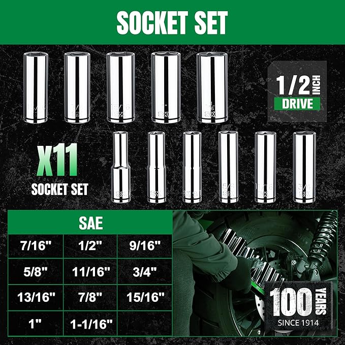 SK 1/2" Drive Socket Set, Deep SAE Sockets, 11-Piece 7/16" to 1-1/16", SuperKrome Finish, Premium CR-V Construction, with Aluminum Socket Organizer