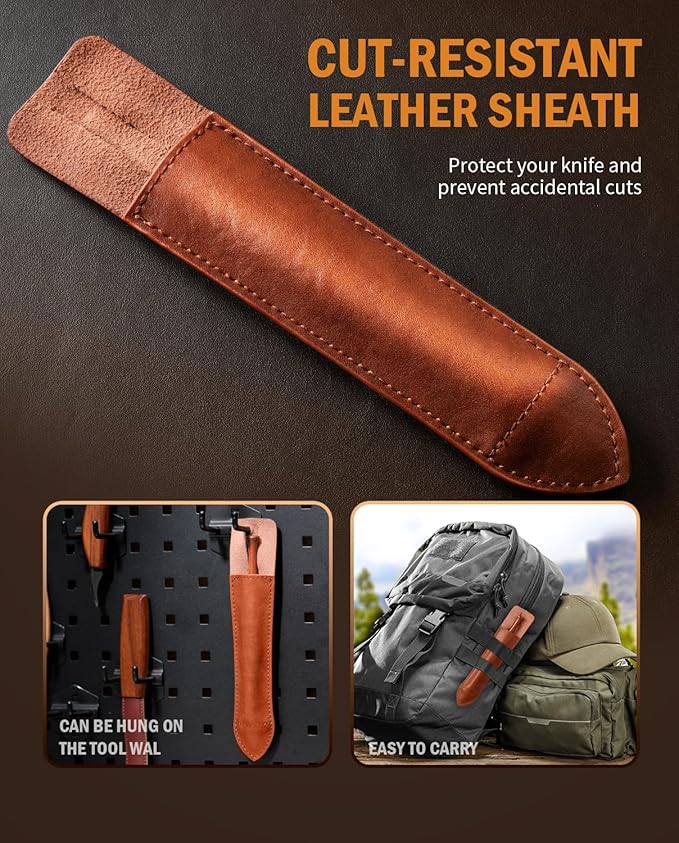 RAVS Marking Knife Woodworking and Leather Sheath, Double Bevel Striking Woodworking Marking Knife, Rosewood Handle Scribing Knives with Leather Sheath, High Carbon Steel Blade with Titanium Coating
