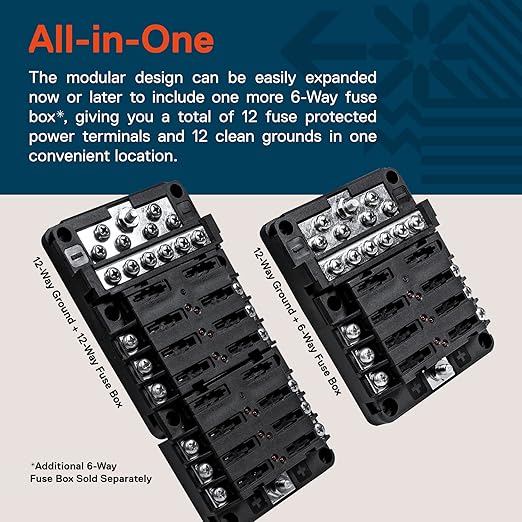 True Mods 6 Way Fuse Box with 12 Ground Negative Busbar for Automotive [12V - 32V DC] [100 Amp Max] [Modular Design] [ATC/ATO Fuses] [LED Indicator] Auto Marine Ground Fuse Block
