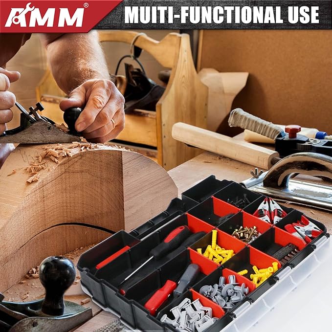 AMM Tool Box, Double Side Tool Box Organizer with 34 Compartments, Removable Dividers, Tackle Box Small Parts Screw Hardware Organizer for Screws, Nuts, Nails and Bolts (1 Piece, Red)