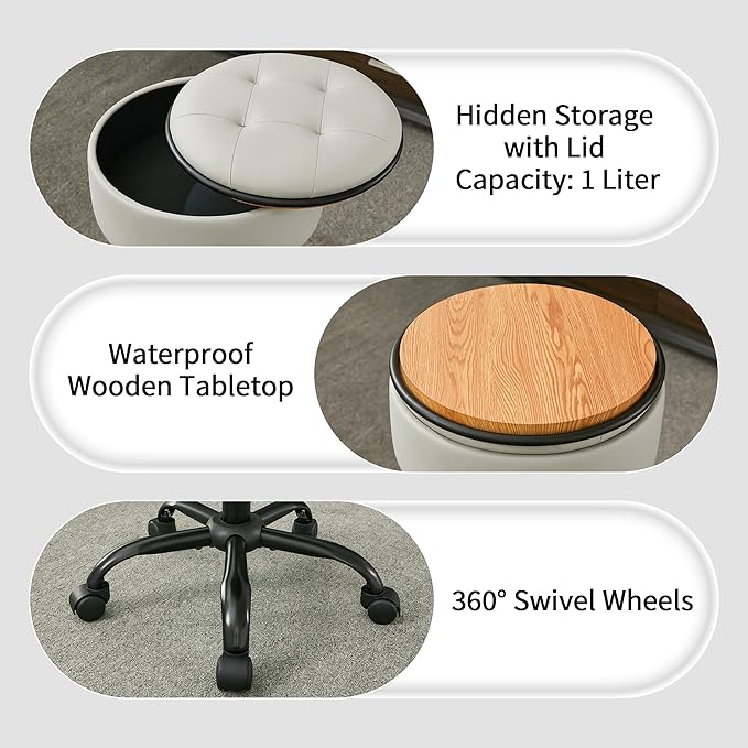 Vnity Stool with Wheels (Chair & Small Table in One) (Adjustable Tattoo Chair 20.67"-24.61"), Gray Stool for Desk with Storage