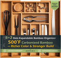 Carbonized Bamboo Kitchen Drawer Organizer, 8-10 Slots Expandable Silverware Organizer, Utensil Holder & Cutlery Tray, 2.2" Deep for Extra Capacity, Non-Slip Feet Included