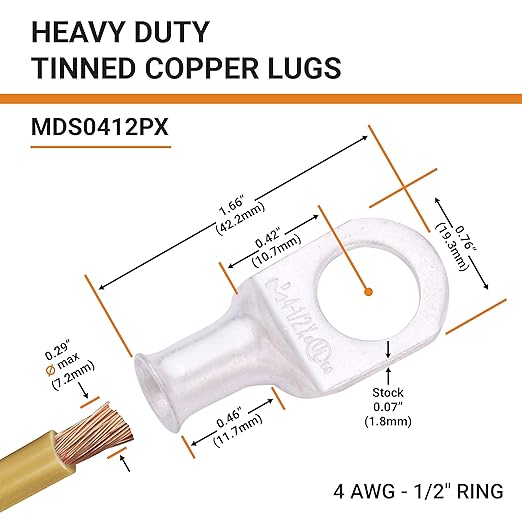 SELTERM 25pcs 4 AWG 1/2" Stud Marine Grade Tinned Copper Battery Cable Lugs, 4 Guage Ring Terminals, UL Wire Lugs Electrical Battery Cable Ends, Tinned Copper Lugs Battery Terminal Connectors