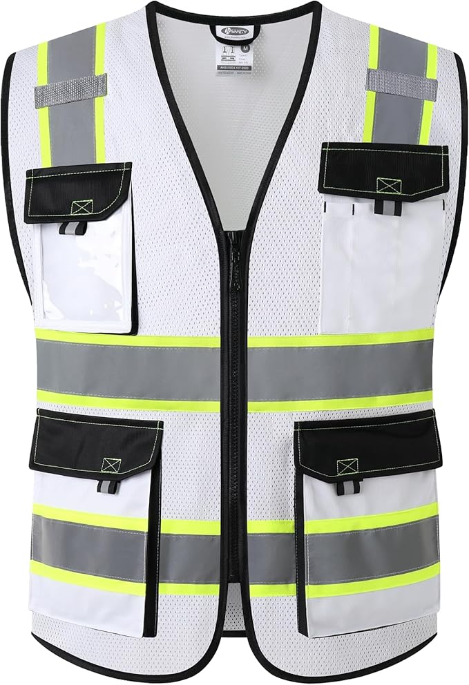 JKSafety Hi Vis Reflective Safety Vests for Men Women High Visibility Vest with Pockets Mesh Fabric Construction Safety Apparel Neon Vest for Work (220-White XXL)