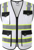 JKSafety Hi Vis Reflective Safety Vests for Men Women High Visibility Vest with Pockets Mesh Fabric Construction Safety Apparel Neon Vest for Work (220-White XXL)