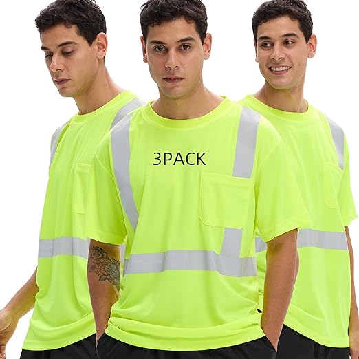 sesafety 3PACK High Visibility Shirts for Men, Class 3 Hi Vis Reflective Construction Shirts for Men with Pocket Safety T Shirts