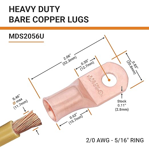 SELTERM 5pcs 2/0 AWG 5/16" Stud Copper Wire Lugs, Battery Lugs, Ring Terminals, Battery Cable Ends, 00 Gaug Ring Terminal Connectors, UL Heavy Duty Bare Copper Eyelets Battery Terminal Connectors