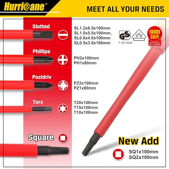 HURRICANE 1000V Insulated Screwdriver Set, 15pc All-in-1 Professional Insulated Electrician Screwdriver Set CR-V Magnetic Robertson Square Phillips Slotted Pozi Torx Insulated Electrician Tool Kit