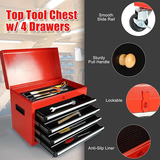 5-Drawer 2 in 1 Rolling Tool Chest, Tool Storage Cabinet w/Drawers, Wheels, Detachable Top, Mechanic Tool Organizer Box for Garage, Workshop, Warehouse Red & Black Durable Lockable