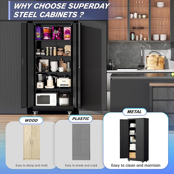Pataku 73" Metal Storage Cabinet with Wheels, Garage Storage Cabinet with 4 Adjustable Shelves & Lockable Doors for Garage Home Office, Heavy Duty Tool Cabinets