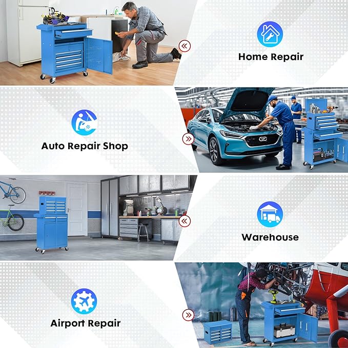 Rolling Tool Chest, 5-Drawer Tool Cabinet with Lockable Wheels and Detachable Top Tool Box, Tool Cart for Warehouse, Workshop, Blue
