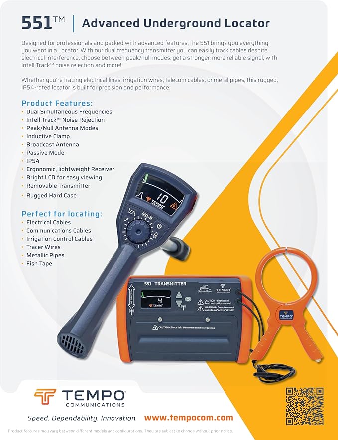 TEMPO 551 Advanced Underground Utility Locator, IP54-rated Underground Wire Locator, Buried Wire Locator, Dual-Frequency Underground Wire Tracer
