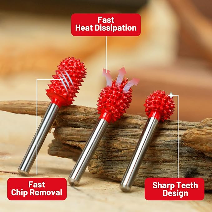 EZARC Tungsten Carbide Rotary Burr Kit, 1/8’’ Shaft Wood Carving Bits, Very Coarse Engraving & Material Removal Tool with Storage Case, 3-Piece