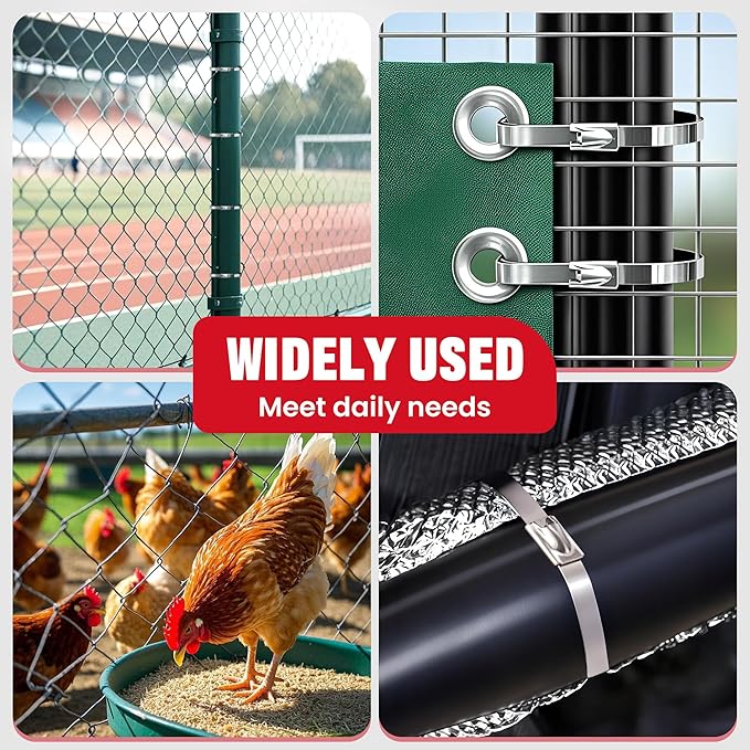 Stainless Steel Cable Tie Gun Kit-100PCS 11.8 inches 304 Heavy Duty Metal Zip Ties, 200LBS Tensile Strength & UV Resistant-for Fence, Exhaust Pipe, Chicken Coop & Industrial Use