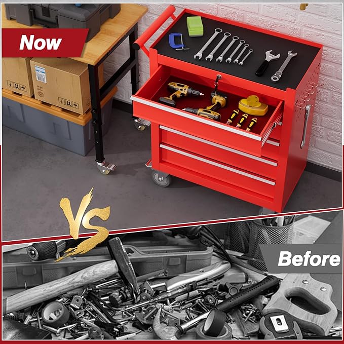 Rolling Tool Chest with Drawers, 5 Drawers Tool Chests & Cabinets, Metal Toolbox with Wheels, Lockable Storage Cabinet, Garage Tool Box with Drawers (Red, 5 Drawers)