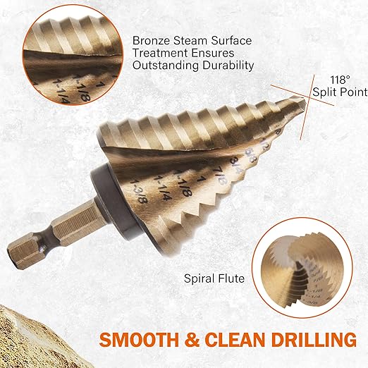 KENDO Two Spiral Flute Cobalt Step Drill Bits with Automatic Center Punch, 5PCS M35 High Speed Steel Unibit Step Bits, Total 50 Sizes, 1/4" Hex Shank, Ideal for Metal, DIY Lovers with Aluminum Case