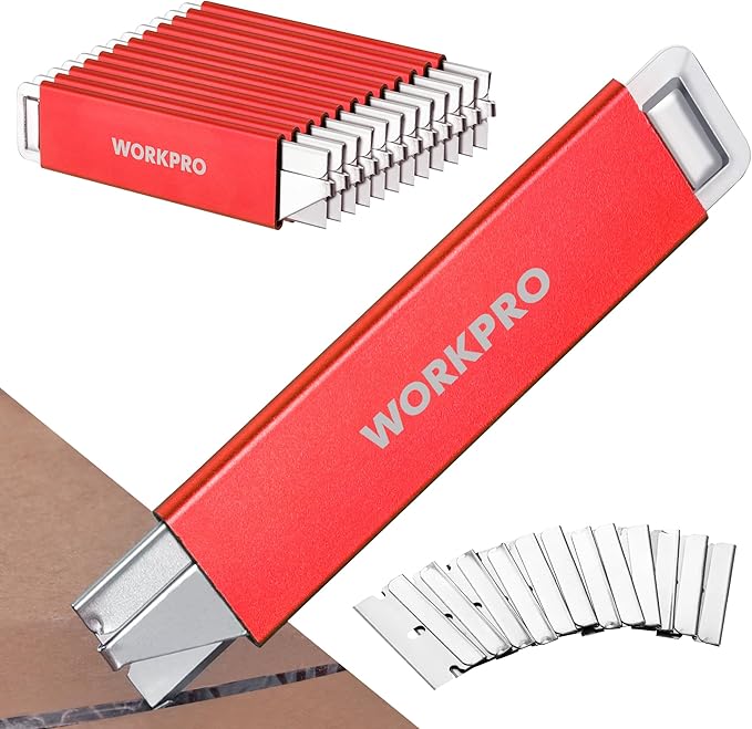 WORKPRO 12-Pack Box Cutter Retractable - Utility Knife with Single Edge Razor Blade - Razor Knife Box Opener Cardboard Cutter with Metal Sheathes- Extra 12-Pack Razor Blades for Replacement - Red