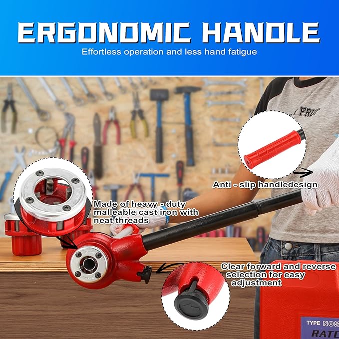 Pipe Threader Ratchet Kit， Manual Ratcheting Pipe Threading Tool Set with 3 NPT Dies 1/2" NPT, 3/4" NPT, 1" NPT,Portable Cast Iron Pipe Threading Set for Galvanized Aluminum Iron Copper PVC Pipes