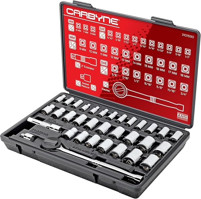 CARBYNE 1/4" & 3/8" Drive Socket & Ratchet Set - 34 Piece | SAE & Metric. Includes Metric 6 to 18mm, SAE 5/32" to 3/4". 6 & 12 Point. Cr-V Steel • From a Family-Run Tool Company Based in the U.S.A.