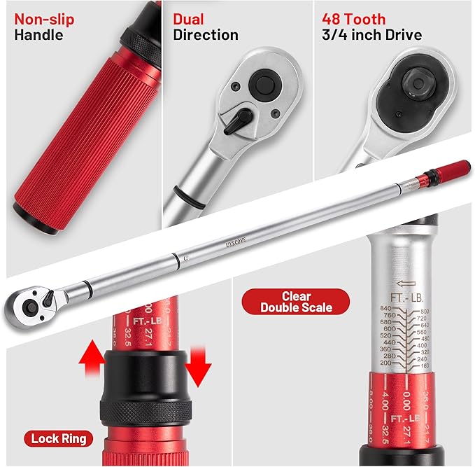 3/4 Inch Torque Wrench, 48 Tooth Torque Wrench 3/4 Drive 160-840FT.LB/217-1139N.M with a Solid Storage Case