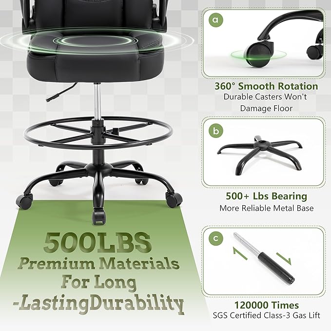 500LBS Drafting Chair, High Back Safer Standing Desk Chair, Executive Tall Office Chair with Flip-up Armrests, Upholstered PU Leather Task Chair, Ergonomic Seat with Adjustable Height&Foot Ring, Black