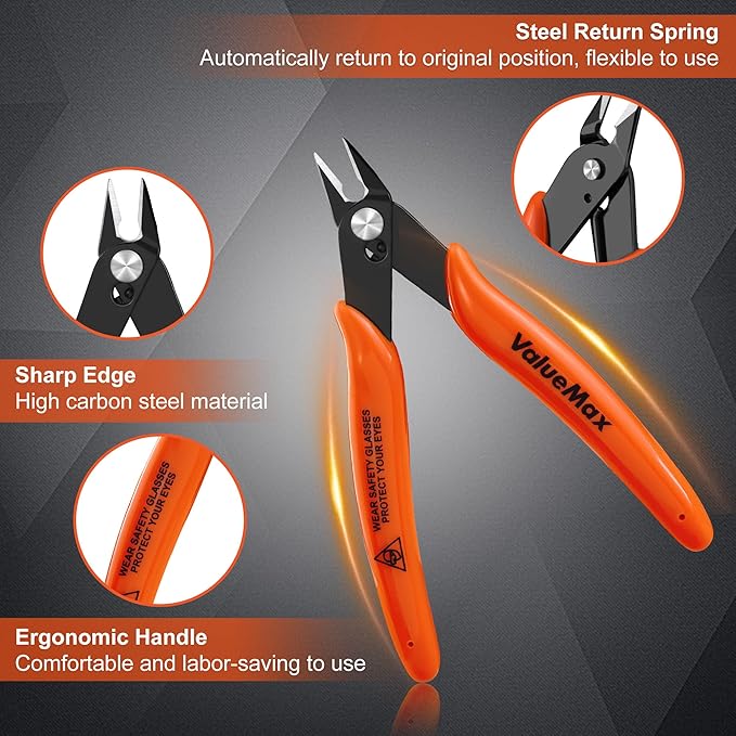 ValueMax Flush Cutters 12 Pack, 5" Micro Precision Side Cutter Pliers Spring-loaded, Small Diagonal Cutters for Jewelry Making, Electronics, Zip Ties, Model Craft