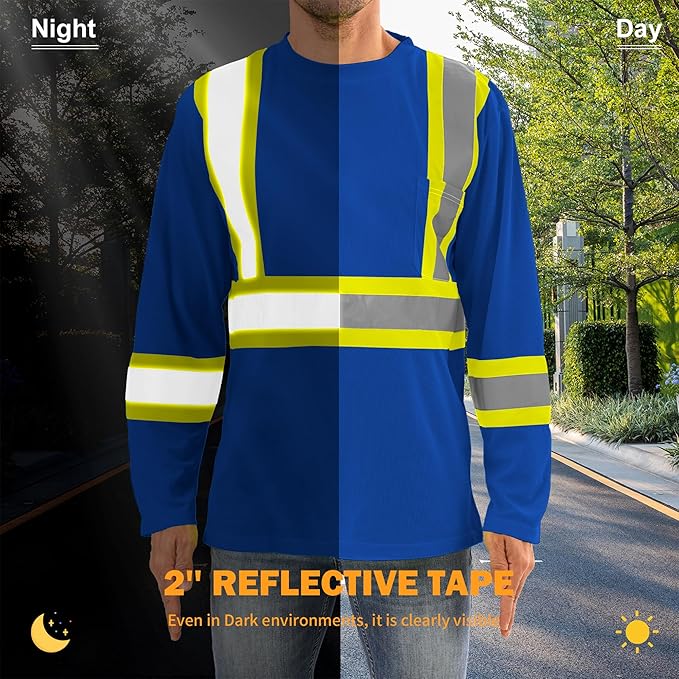 Hi Vis Safety Long Sleeve Shirts，High Visibility Class 3 T Shirts with Reflective Strips and Pocket, Quick Dry Mesh Construction Work Shirt for Men/Women (Blue,6XL)