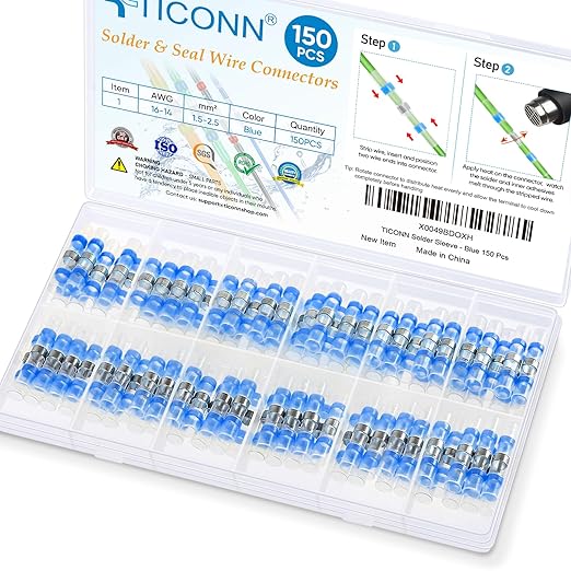 TICONN 150 PCS Solder Seal Wire Connectors, Heat Shrink Butt Connectors, Waterproof and Insulated Electrical Wire Terminals, Butt Splice (150PCS, Blue)
