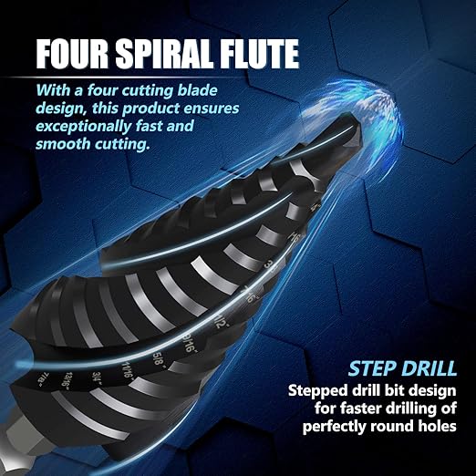 GSTK Pro Max 3/16"-7/8" Four Spiral Flute Cobalt Step Drill Bit Set, Impact Ready, for Metal, Stainless Steel, Aluminum, Wood, Plastic with 1/4" Hex Shank