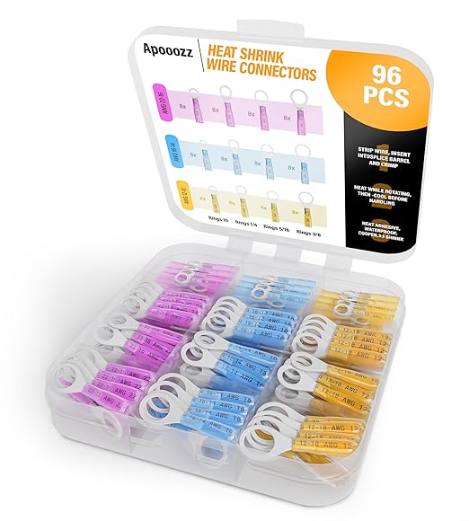 96 Pcs Heat Shrink Wire Connectors Kit- Electrical Waterproof Crimp Terminals Set- Insulated Rings- Ideal for Light-Duty Electrical Projects, Home DIY & Hobby Applications