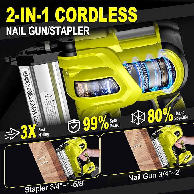 SILVEL 2" Cordless Brad Nailer, 2-in-1 21V Electric Brad Nailer with 2 * 2.0Ah Battery, 1000pcs Nails, 18GA Staples, Adjustable Depth for Woodworking, Home Improvement, Green