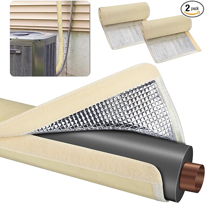 3 Layers HVAC Copper Pipe Insulation Cover Protector,Flexible AC Copper Line Insulation Sleeve,600D Oxford 72x10.2 Inch AC Pipe Insulation Wrap for Outside Central Air Conditioning Splits Khaki 2Pack