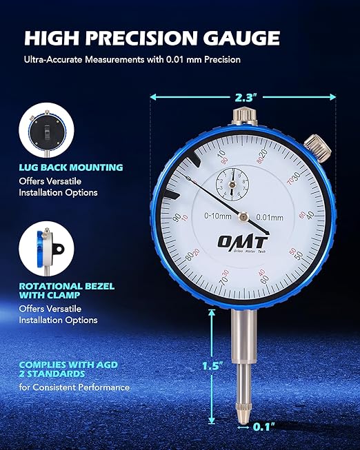 Orion Motor Tech Dial Gauge, Brake Runout Gauge and Ball Joint Gauge, Clamping Dial Indicator with 7 in Locking Pliers & 360° Flexible Stem Holder, 0.01 mm Precision Automotive Dial Indicator