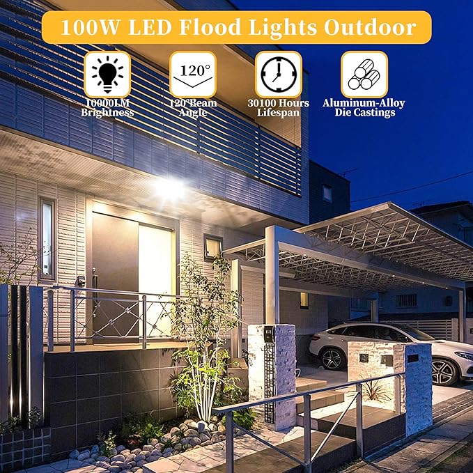 4 Pack 100W LED Flood Lights Outdoor, 10000 LM Super Bright Security Lights, Portable IP66 Waterproof LED Work Light with Plug, 6000K Daylight White Floodlights for Garage Yard Garden Playground Patio