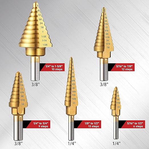 Step Drill Bit Set, 6 Pcs High-Speed Steel Step Drill Bit with Automatic Center Punch for Metal, Wood, Plastic, 50 Sizes HSS Step Bit with Aluminum Case for DIY Lovers, 1/8" to 1-3/8"