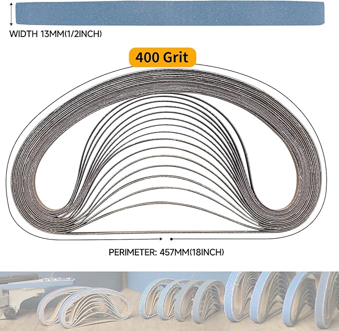 40-Piece 1/2 x 18 Inch 400 Grit Zirconia Sanding Belts, Heavy Duty Long-lasting Mini Sanding Bands for Belt Sander, Rust Paint Removal, Wood Metal Grinding and Finishing