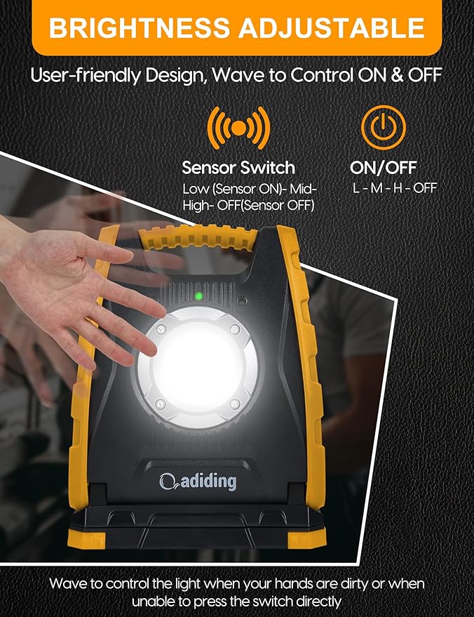 Adiding Rechargeable LED Work Light 4400mAh - Portable Flood Light With Sensor & 360 Rotation Magnetic Base for Repairing, Inspection, Garage, Camping